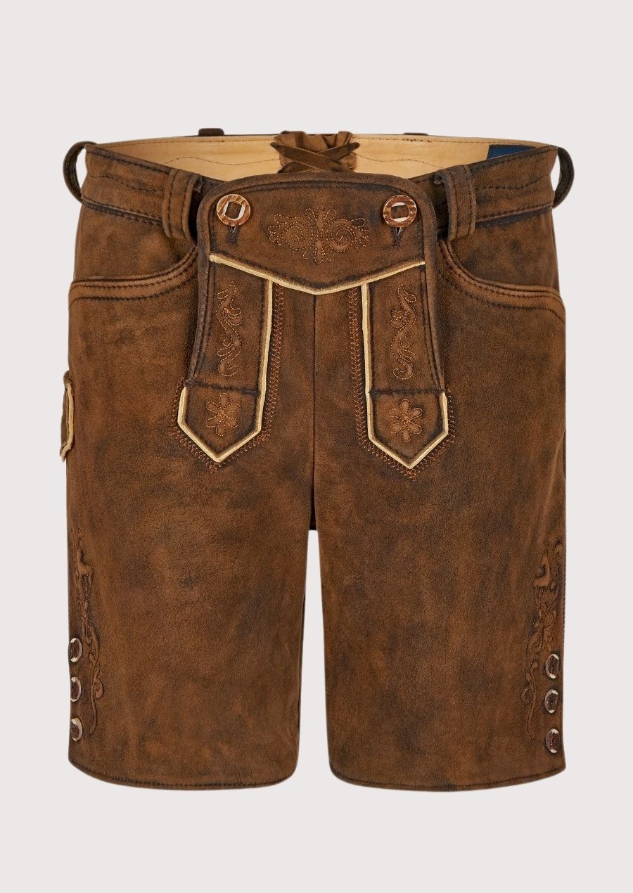 Suede Lederhosen Brown Scrollwork with embroidered detailing, contrast piping, and heritage Bavarian styling.