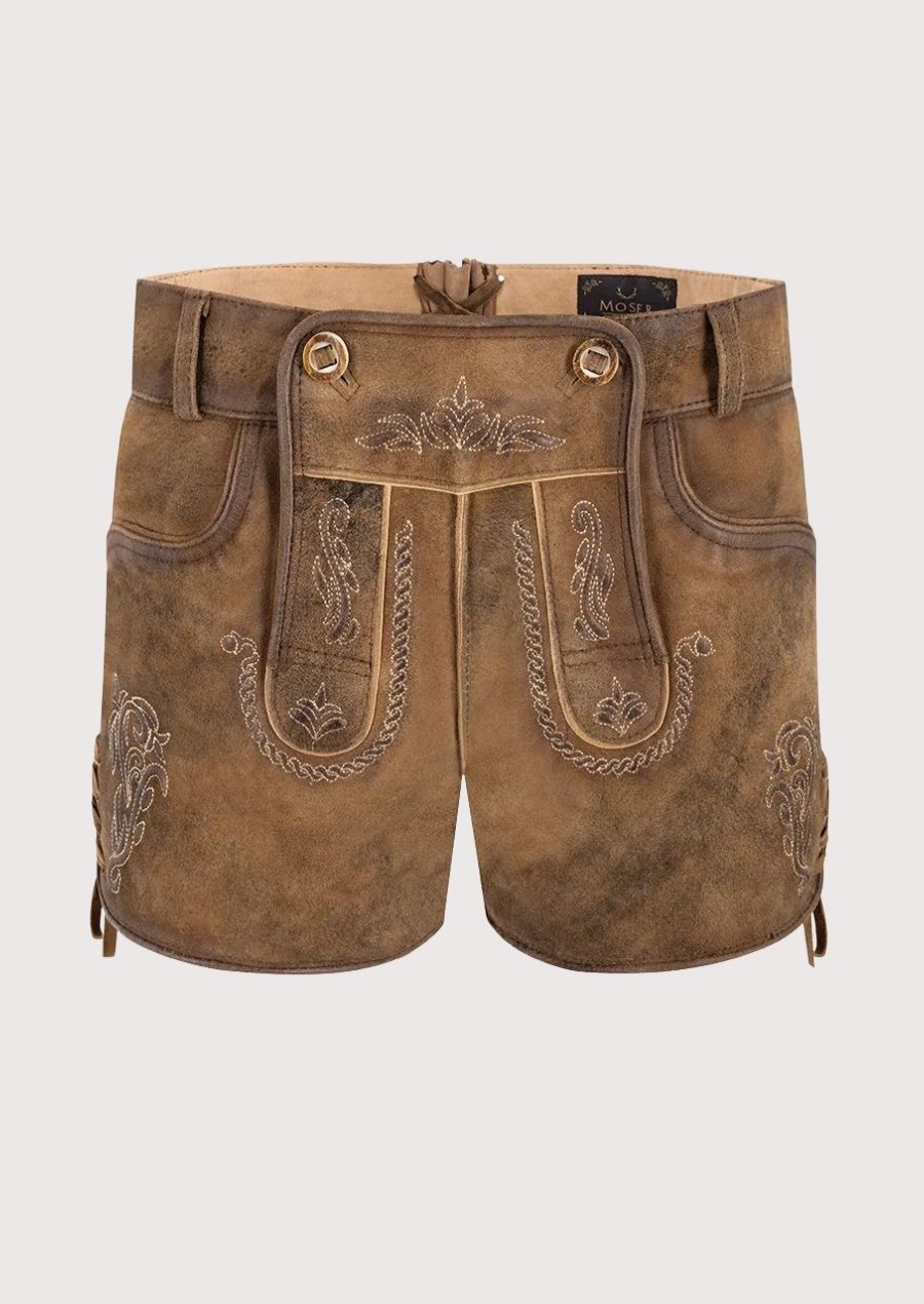 Suede Lederhosen Tan Alpine Scroll, decorative side lacing, and authentic Alpine heritage styling.