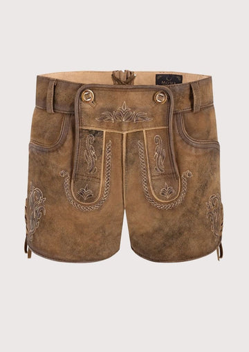 Suede Lederhosen Tan Alpine Scroll, decorative side lacing, and authentic Alpine heritage styling.