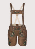 Suede Lederhosen Tan Edelweiss Bib featuring embroidered suspenders, Edelweiss artwork, and Alpine heritage styling.