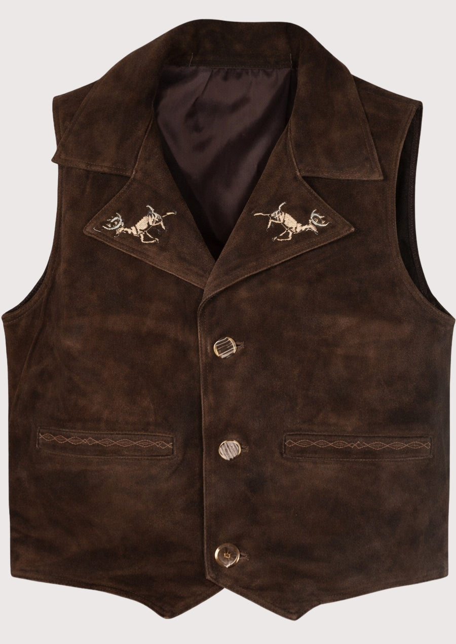 Brown suede lederhosen vest with embroidered alpine motifs