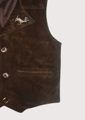 Brown suede lederhosen vest with embroidered deer motifs and metal buttons