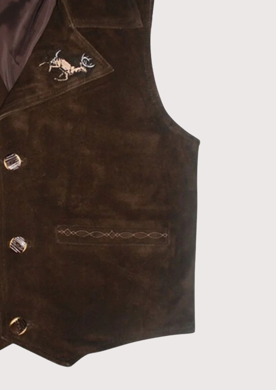 Brown suede lederhosen vest with embroidered deer motifs and metal buttons