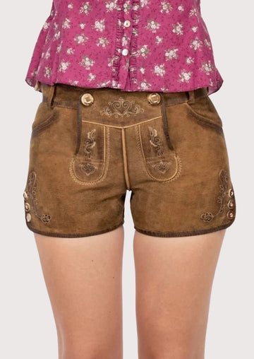 Tan Suede Floral Lederhosen Women showcasing elegant embroidery, decorative buttons, and timeless Oktoberfest appeal.