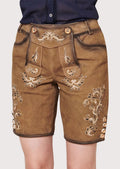 Traditional women's suede festival shorts with decorative embroidery, authentic Bavarian design, and heritage character.