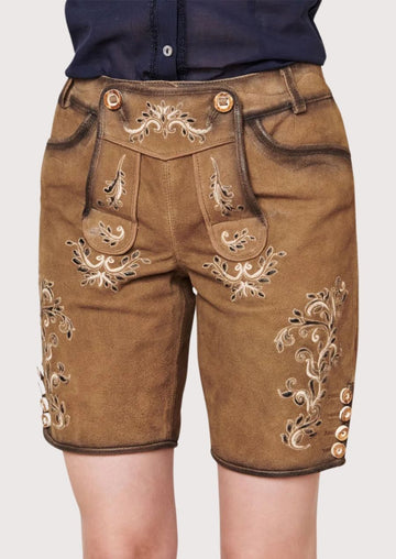 Traditional women's suede festival shorts with decorative embroidery, authentic Bavarian design, and heritage character.