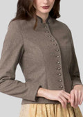 Elegant taupe Bavarian wool jacket featuring a fitted silhouette, traditional metal buttons, and authentic German heritage styling.
