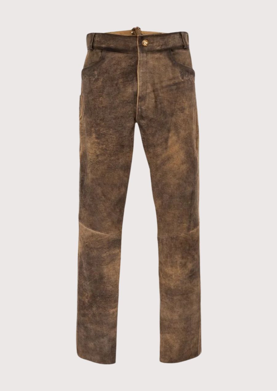 Men's Taupe Lederhosen Pants Crest Detail with slim fit design, traditional Bavarian craftsmanship, authentic Alpine style, and Oktoberfest fashion