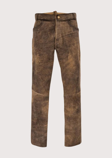 Men's Taupe Lederhosen Pants Crest Detail with slim fit design, traditional Bavarian craftsmanship, authentic Alpine style, and Oktoberfest fashion