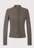 Taupe women’s trachten jacket with stand collar, slim fit, and classic alpine button design.