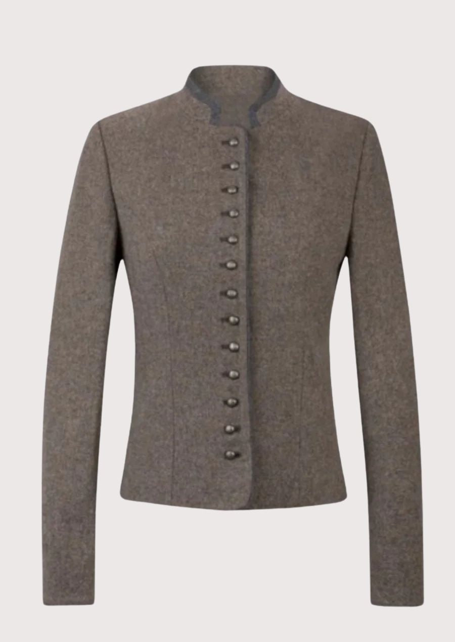 Taupe women’s trachten jacket with stand collar, slim fit, and classic alpine button design.