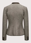Taupe women’s trachten jacket with dark trim, fitted waist, and alpine buttons.