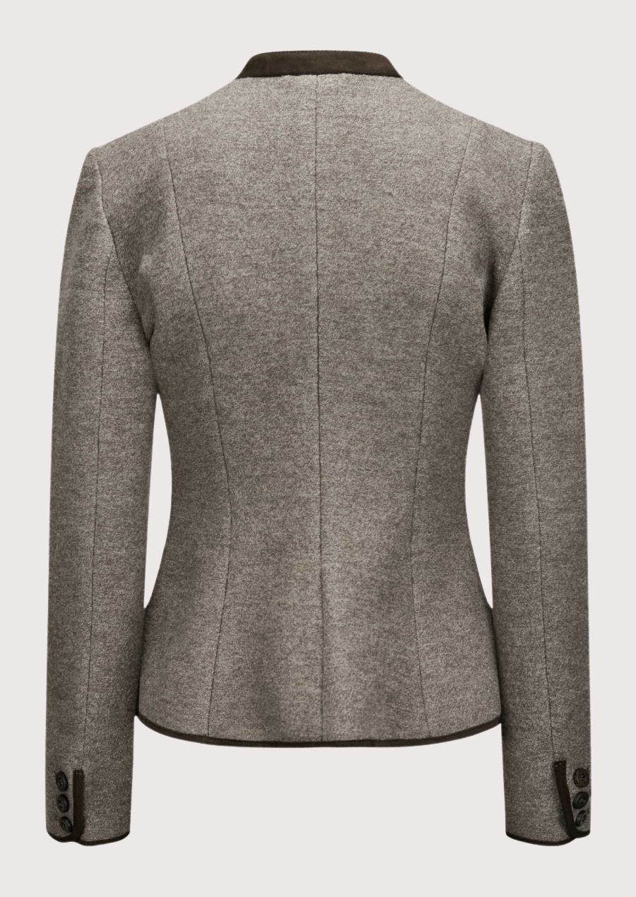 Taupe women’s trachten jacket with dark trim, fitted waist, and alpine buttons.