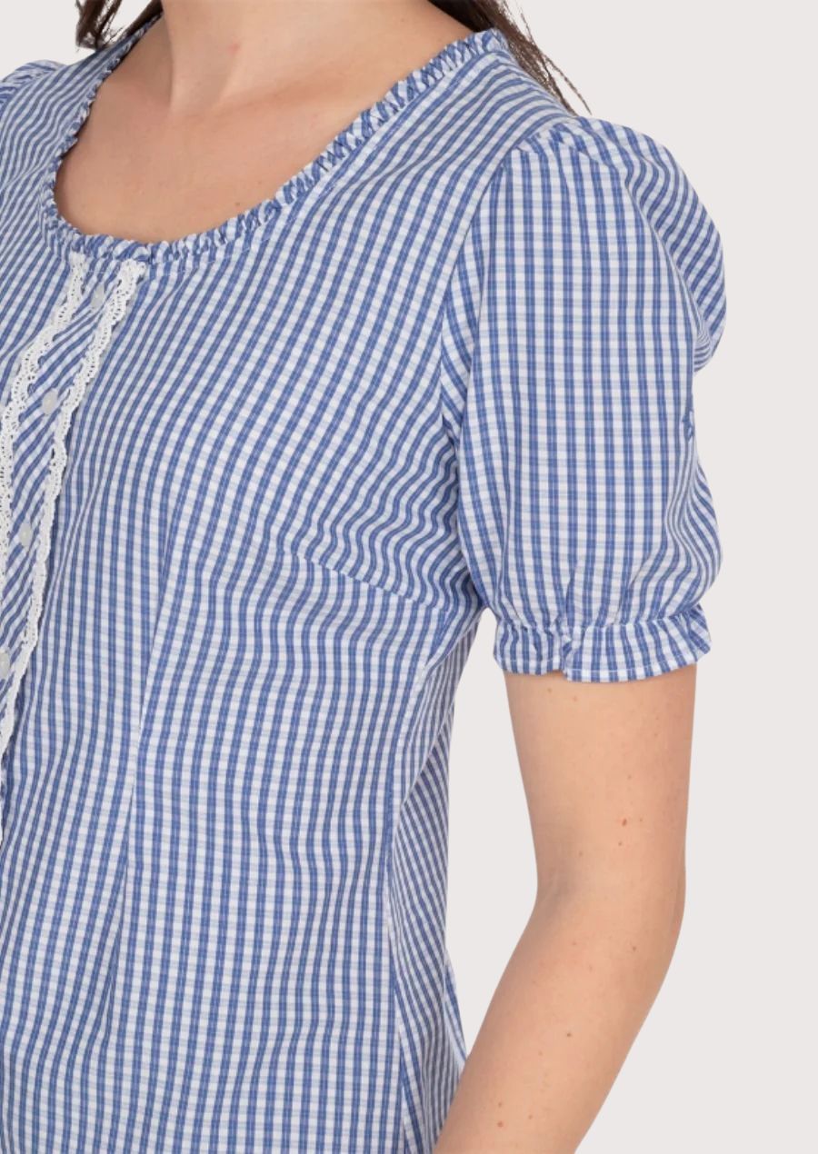 Festive women’s Dirndl blouse, blue gingham pattern with feminine lace trim, ideal for Oktoberfest and cultural events.