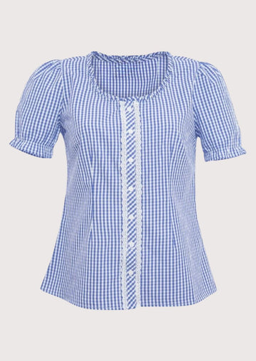 Elegant checked Dirndl blouse for women, designed for festivals like Oktoberfest with button detailing and a flattering fit.