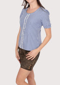 Traditional German Dirndl blouse in blue gingham, ideal for pairing with lederhosen or skirts for festive occasions.