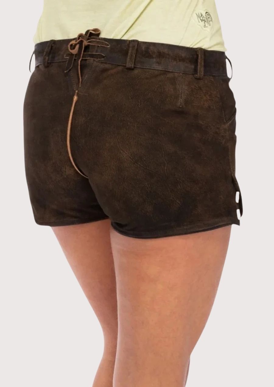 Authentic Bavarian leather shorts for women with exquisite floral stitching, perfect for Oktoberfest, beer festivals, and traditional celebrations.