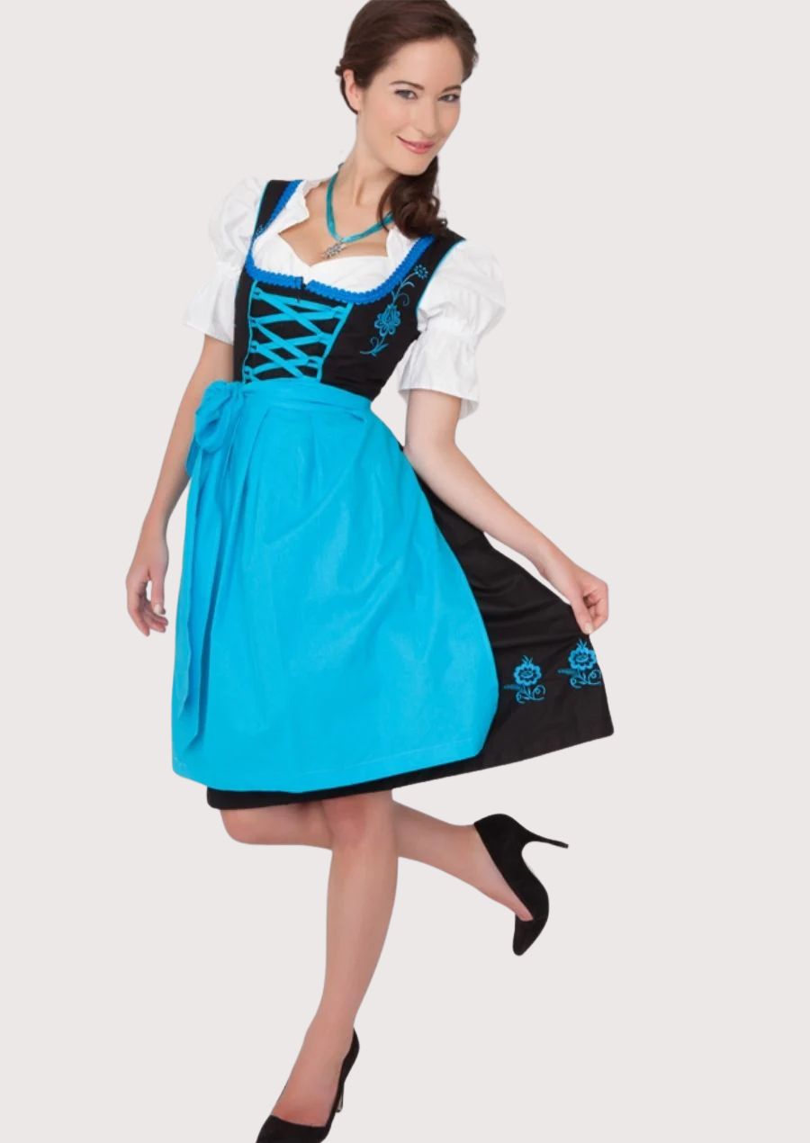 Elegant Timeless Long Dirndl dress with vibrant blue accents for Oktoberfest and cultural events.