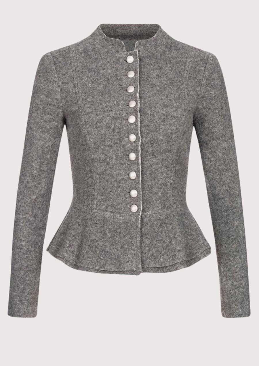Elegant gray Trachten jacket for women, featuring pearl button details for a classic festive look at cultural events and Oktoberfest celebrations.