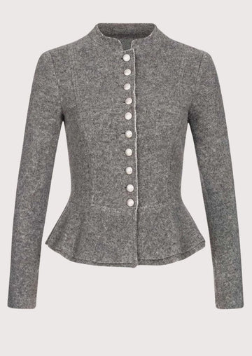 Elegant gray Trachten jacket for women, featuring pearl button details for a classic festive look at cultural events and Oktoberfest celebrations.