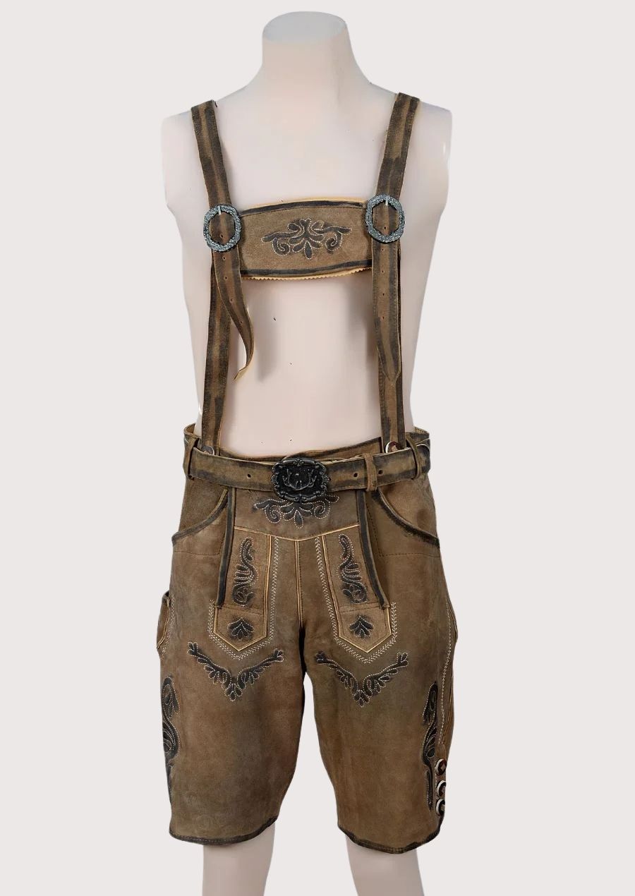 Tobacco Suede Lederhosen Heritage set showcasing embroidered suspenders, traditional buckle, and heritage styling