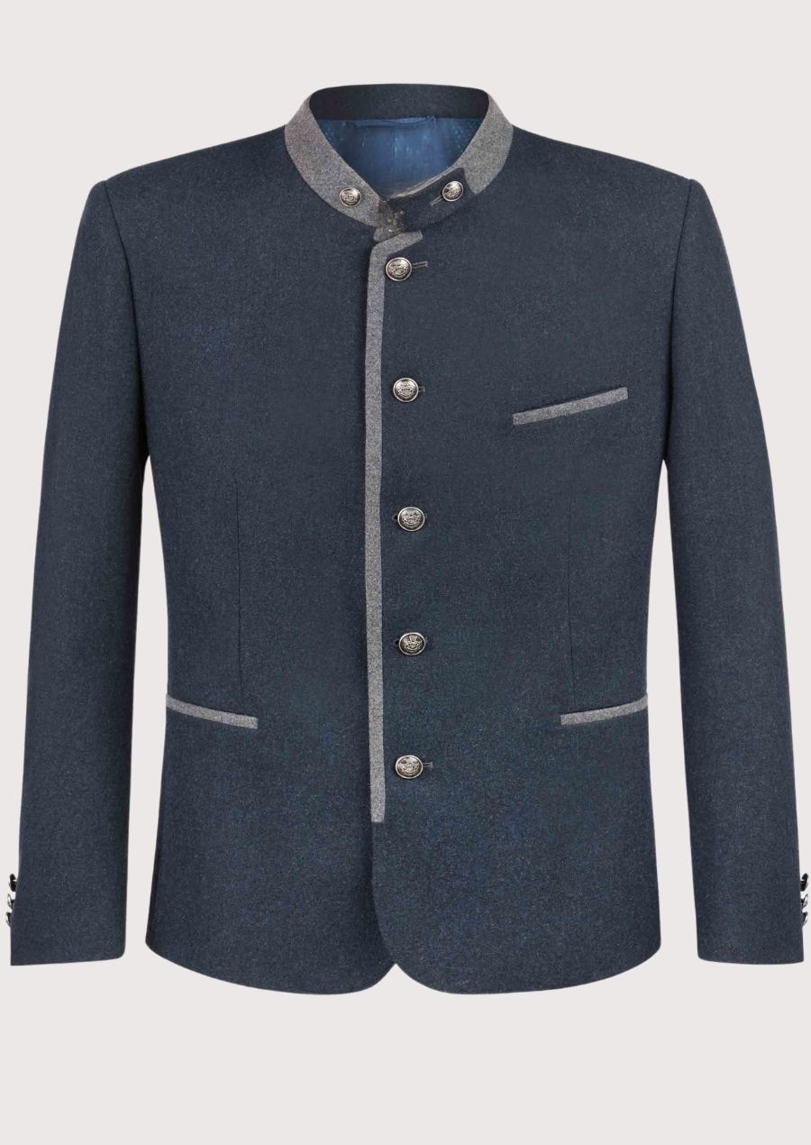 Men's Trachten Jacket Wool Navy Grey Trim featuring a stand collar, grey contrast trim, decorative metal buttons, premium wool blend fabric, traditional Bavarian tailoring, Alpine heritage styling, and Oktoberfest fashion appeal