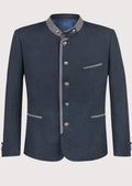 Men's Trachten Jacket Wool Navy Grey Trim featuring a stand collar, grey contrast trim, decorative metal buttons, premium wool blend fabric, traditional Bavarian tailoring, Alpine heritage styling, and Oktoberfest fashion appeal