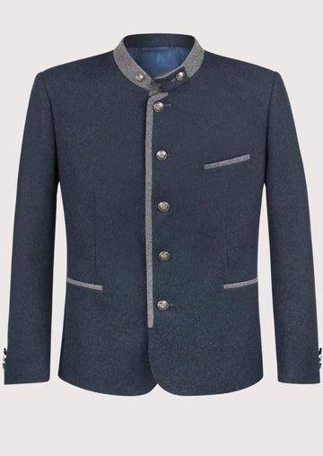 Men's Trachten Jacket Wool Navy Grey Trim featuring a stand collar, grey contrast trim, decorative metal buttons, premium wool blend fabric, traditional Bavarian tailoring, Alpine heritage styling, and Oktoberfest fashion appeal