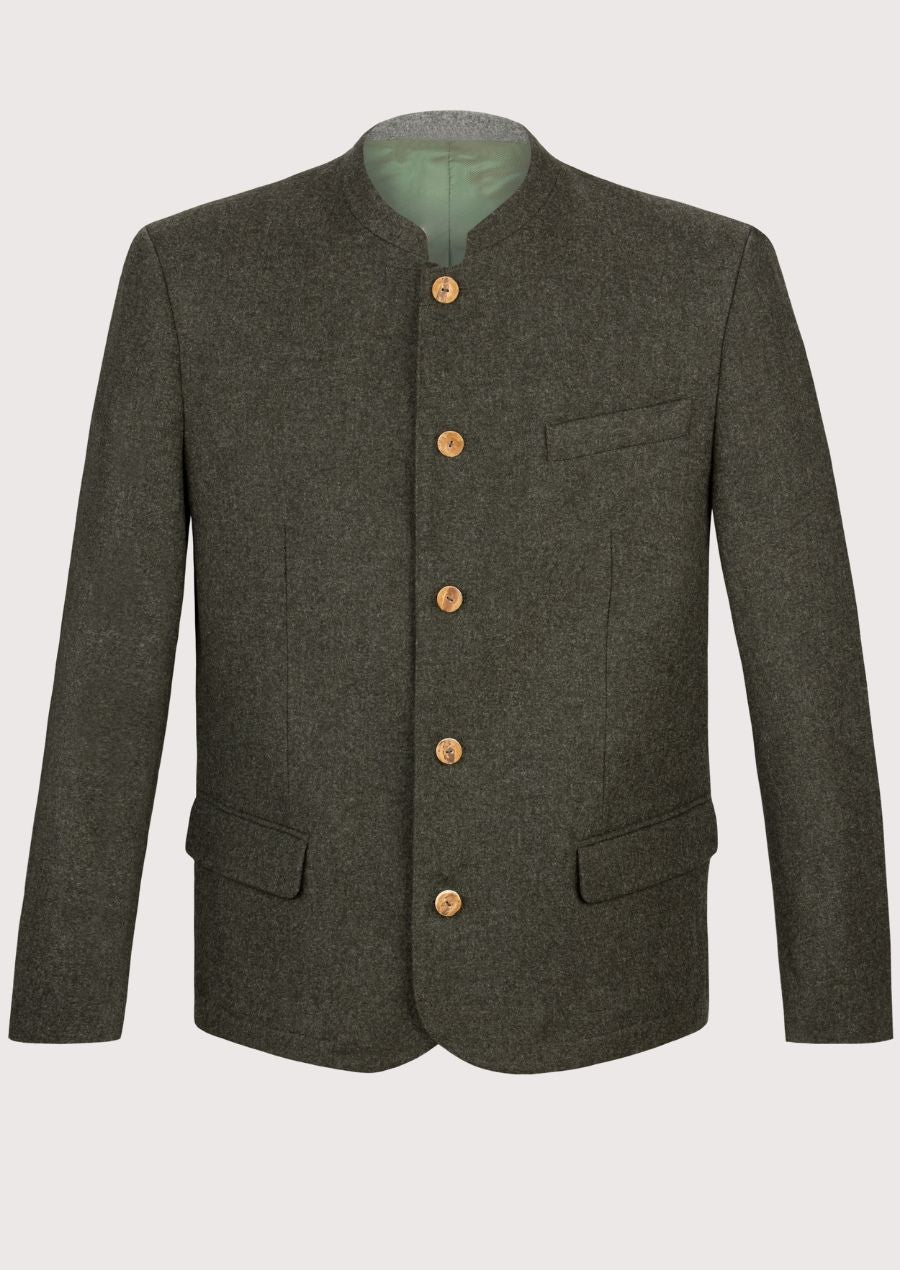 Men's Trachten Jacket Wool Olive Green with wooden buttons, stand collar, premium wool blend fabric, traditional Bavarian tailoring, Alpine heritage styling, German formal wear, and Oktoberfest fashion