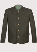 Men's Trachten Jacket Wool Olive Green with wooden buttons, stand collar, premium wool blend fabric, traditional Bavarian tailoring, Alpine heritage styling, German formal wear, and Oktoberfest fashion