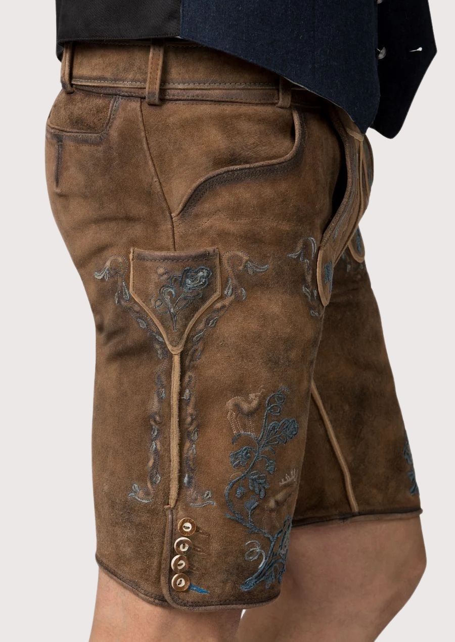 Men’s Lederhosen with vintage design and hand-stitched embroidery, perfect for Oktoberfest and traditional Bavarian events.