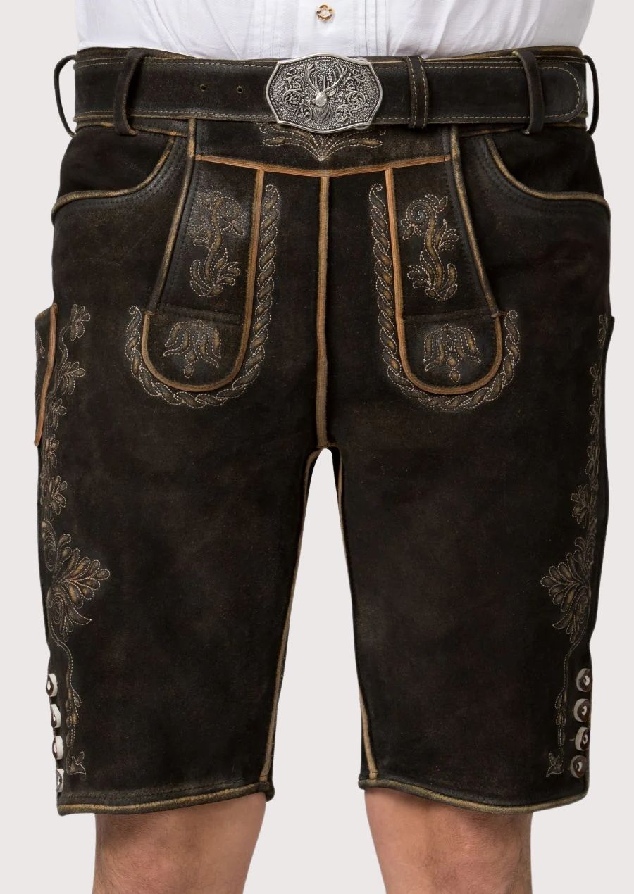 Traditional Trachten Lederhosen for men with detailed embroidery, perfect for Oktoberfest and cultural festivals.