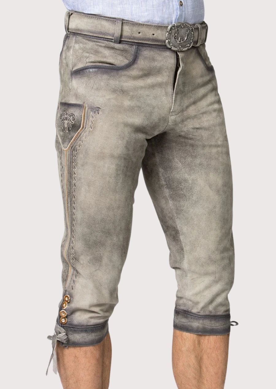 Traditional Alpine Bundhosen in ash grey goatskin suede with heritage craftsmanship and timeless German appeal