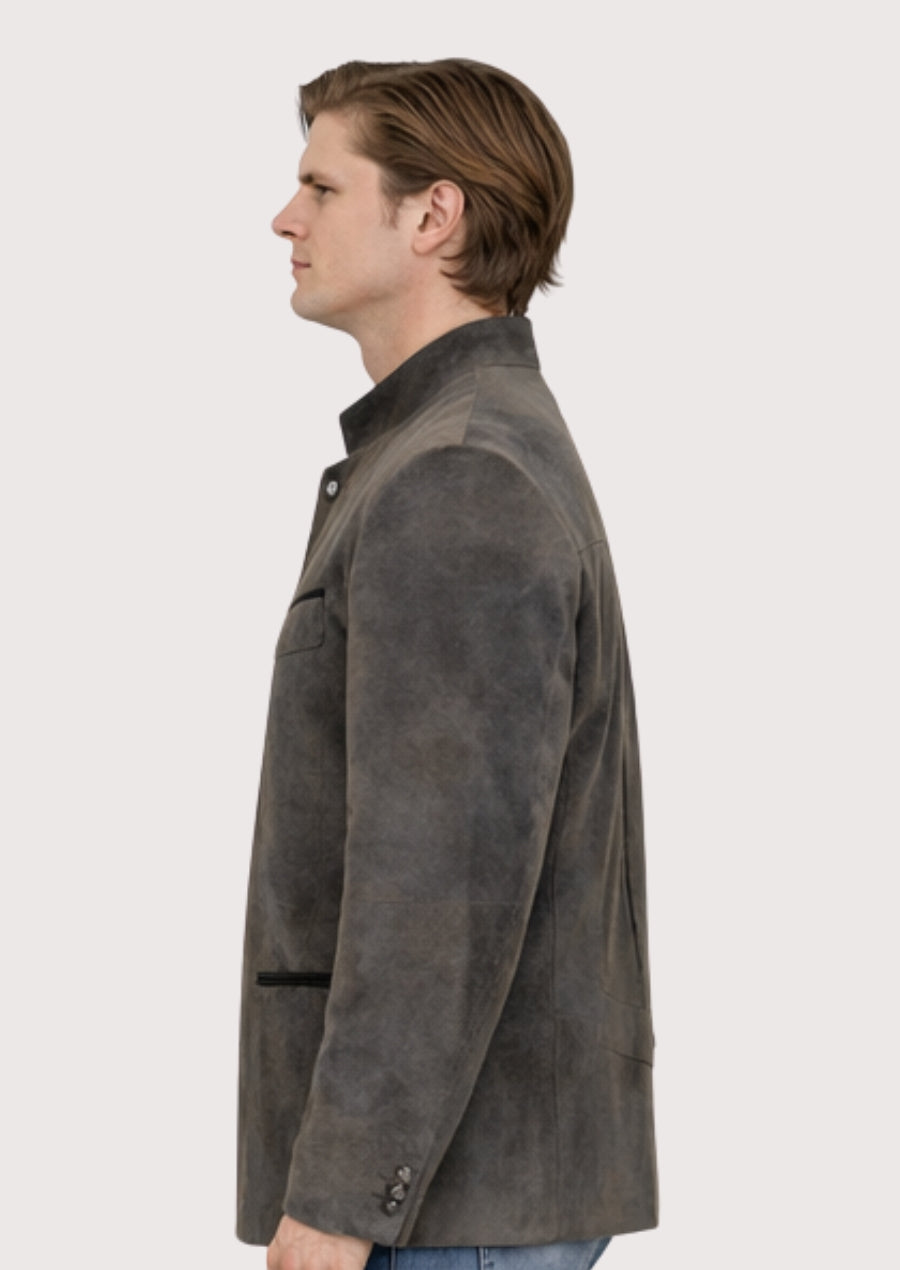 Traditional alpine leather jacket in muted grey suede with clean lines, front pockets, and authentic Trachten craftsmanship.