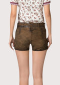Traditional alpine women’s lederhosen shorts showing ornate stitching and leather texture
