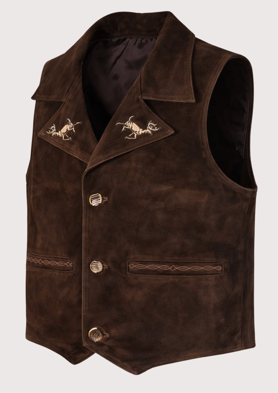 Brown suede lederhosen vest with embroidered alpine motifs