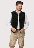 Forest green alpine Trachten vest worn over white shirt