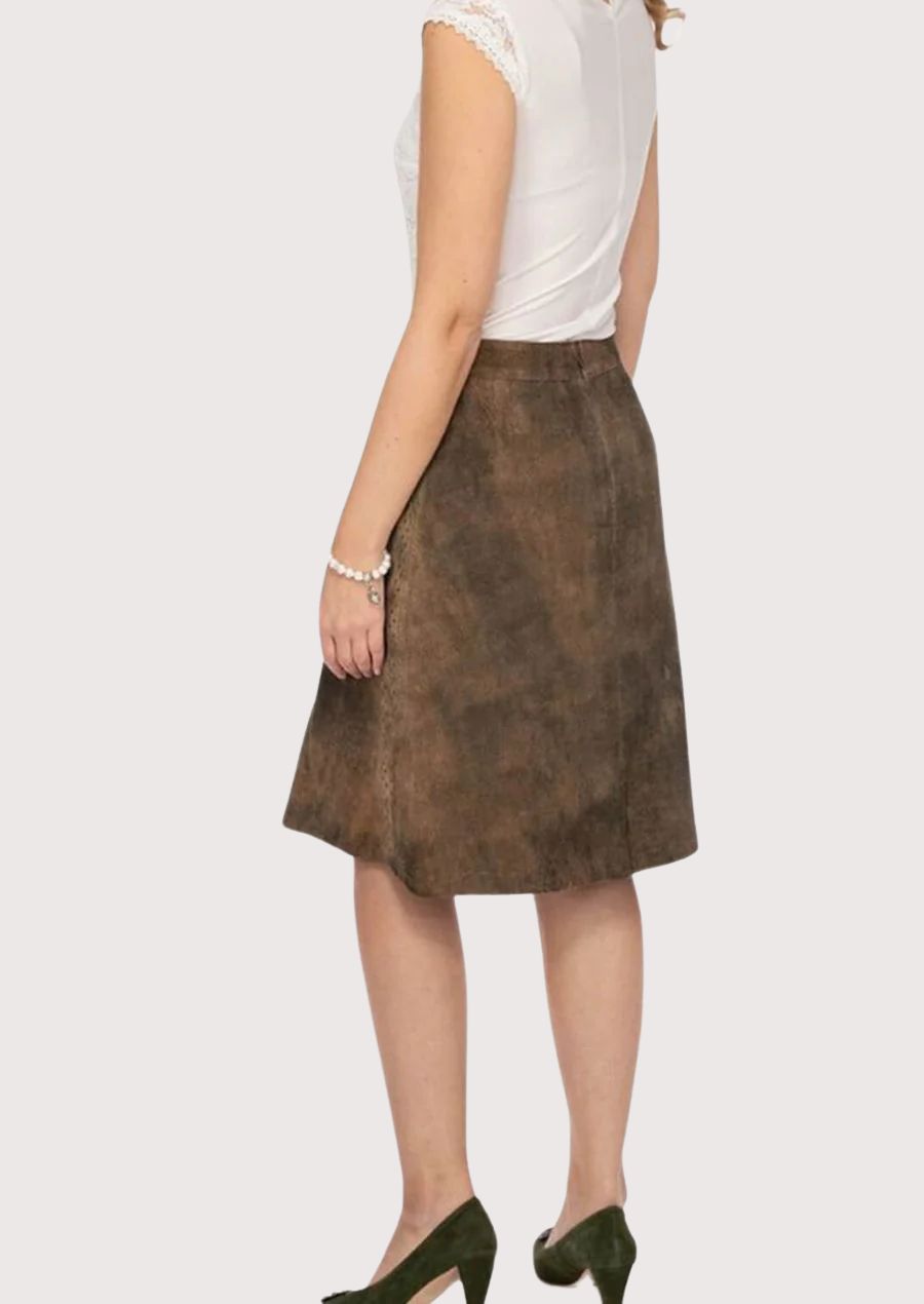 Traditional alpine women’s brown leather skirt styling