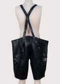 Black suede lederhosen with decorative suspenders, contrast embroidery, and classic Oktoberfest appeal