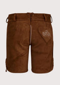 Traditional Bavarian brown lederhosen shorts with classic stitching and leather texture