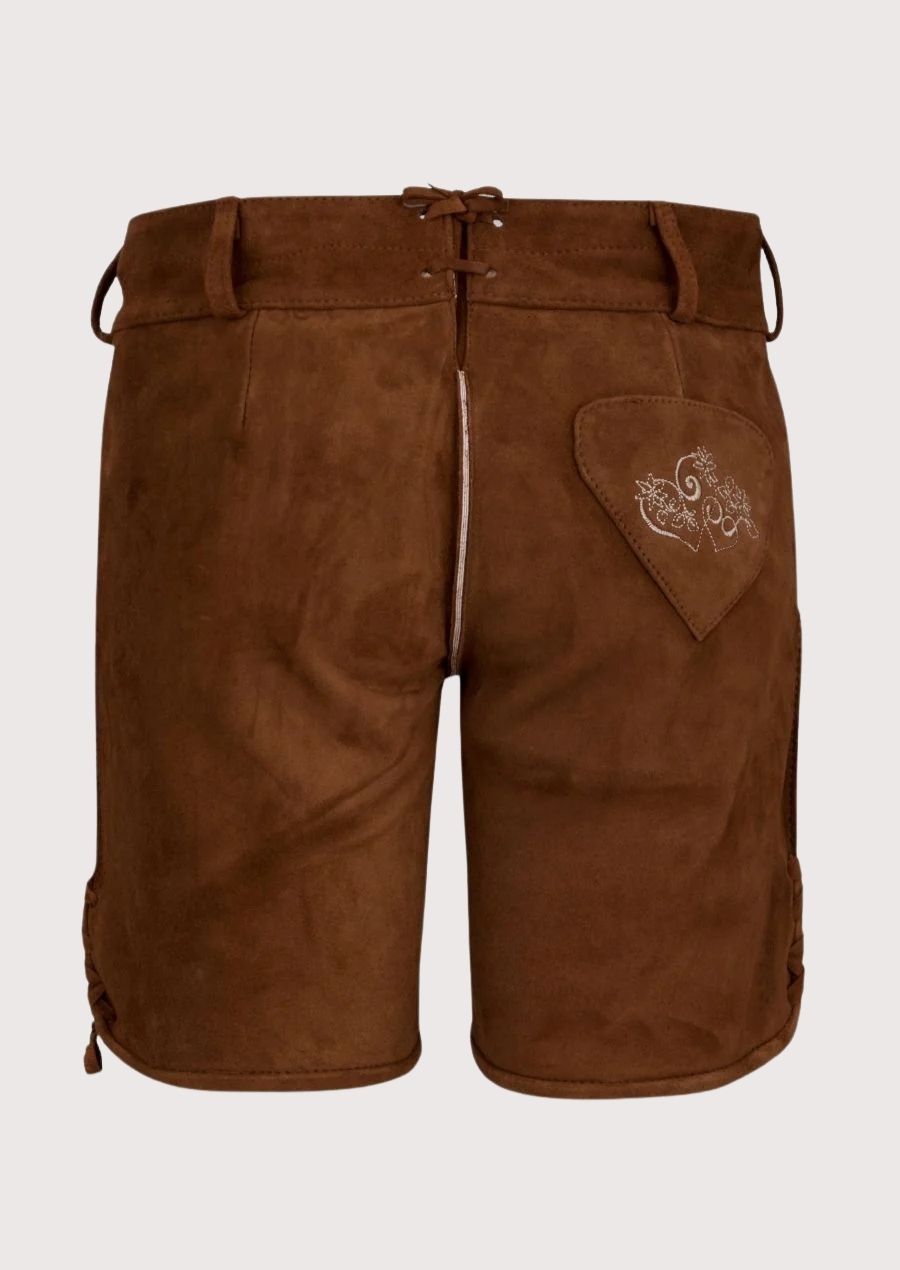 Traditional Bavarian brown lederhosen shorts with classic stitching and leather texture