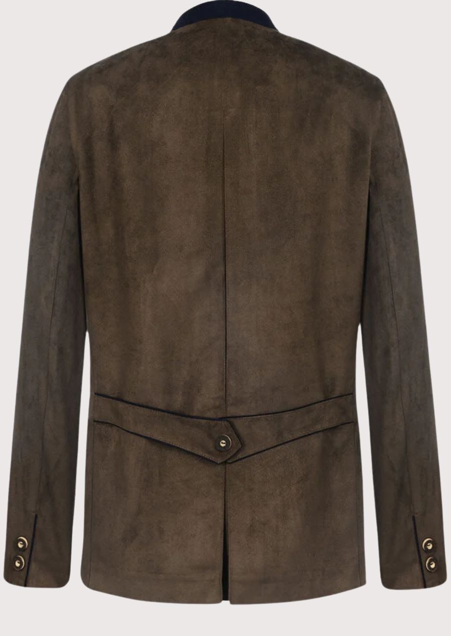 Traditional Bavarian brown suede jacket with stand collar.