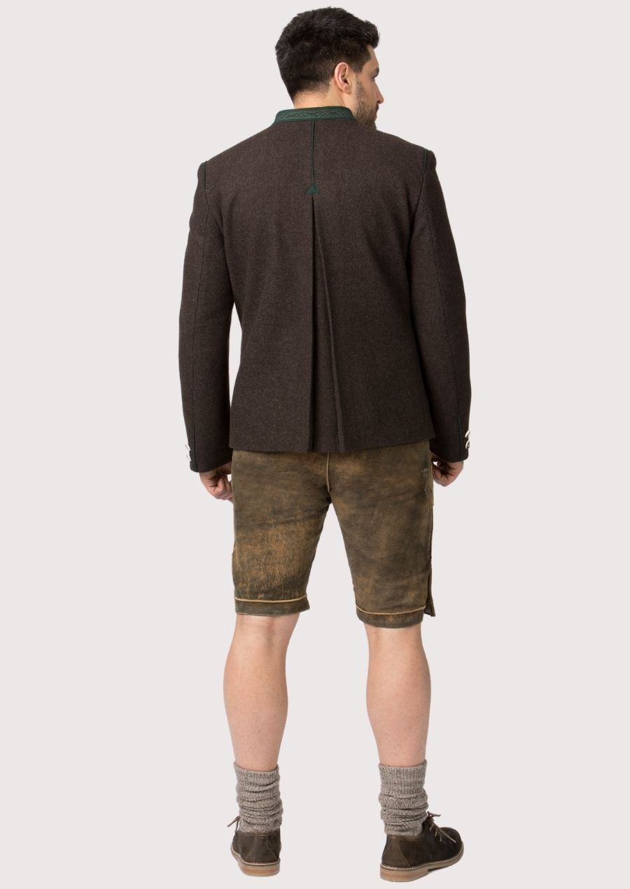 Traditional Bavarian men’s wool jacket in brown with green accents.