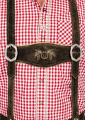 Traditional Bavarian Bundhosen leather pants featuring embroidered braces, rustic suede finish, and Alpine styling