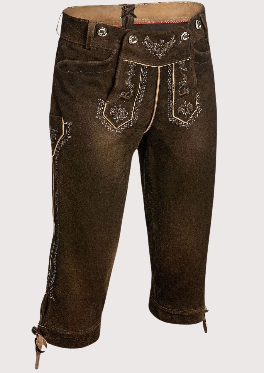 Traditional Bavarian Bundhosen with suspenders featuring premium suede leather and decorative embroidery