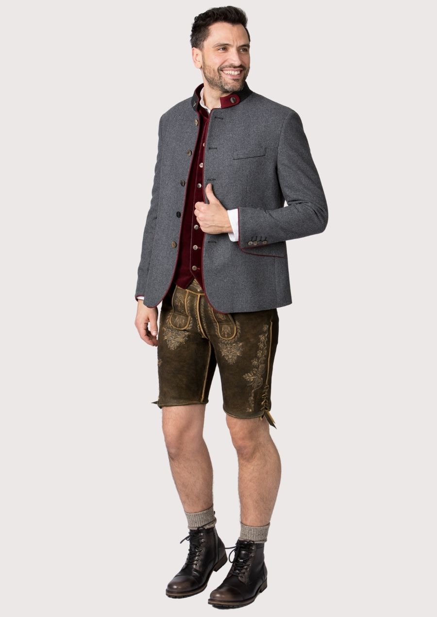 Traditional Bavarian grey jacket with red piping and stand collar.