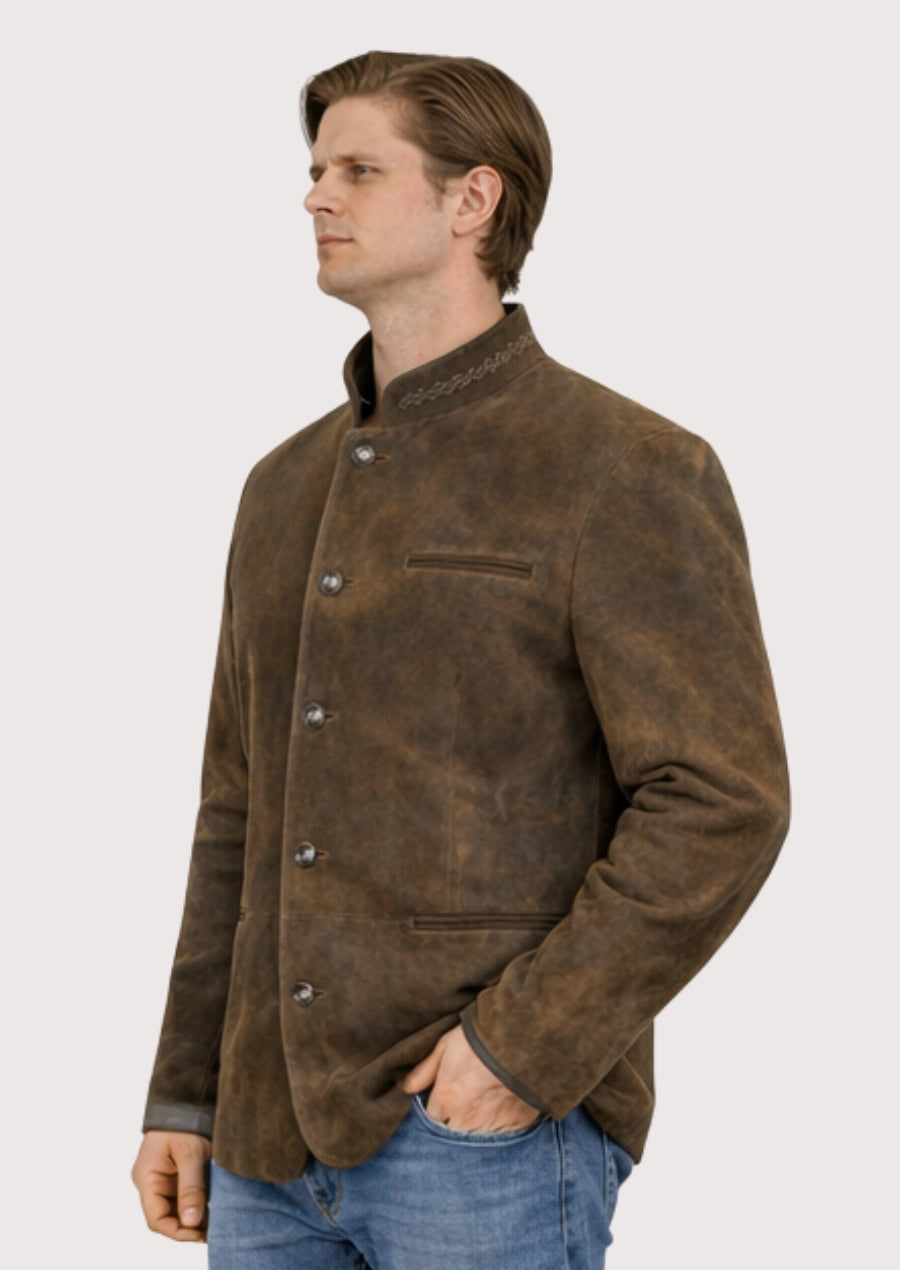 Dark brown Bavarian leather jacket with elegant stand-up collar, decorative stitching, slim fit design, and heritage-inspired detailing.