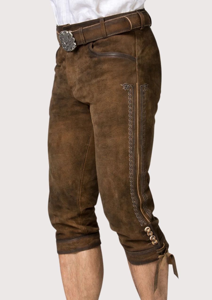 Traditional Bavarian leather knee pants crafted from premium brown suede with classic Alpine heritage detailing