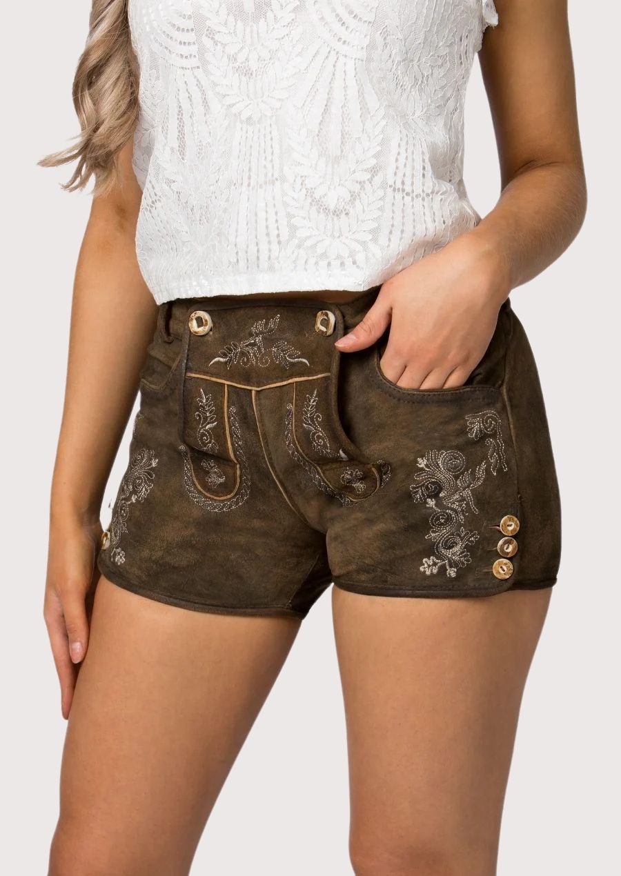 Traditional Bavarian women’s lederhosen shorts showing classic leather texture and stitching