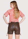 Traditional Bavarian women’s lederhosen shorts featuring classic leather texture and stitching